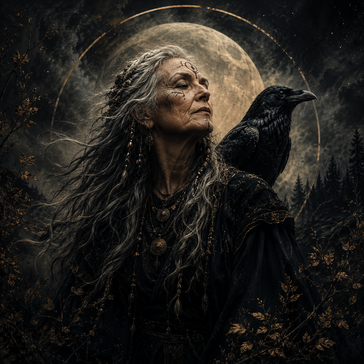 Raven St. Clair beneath the moon with a raven